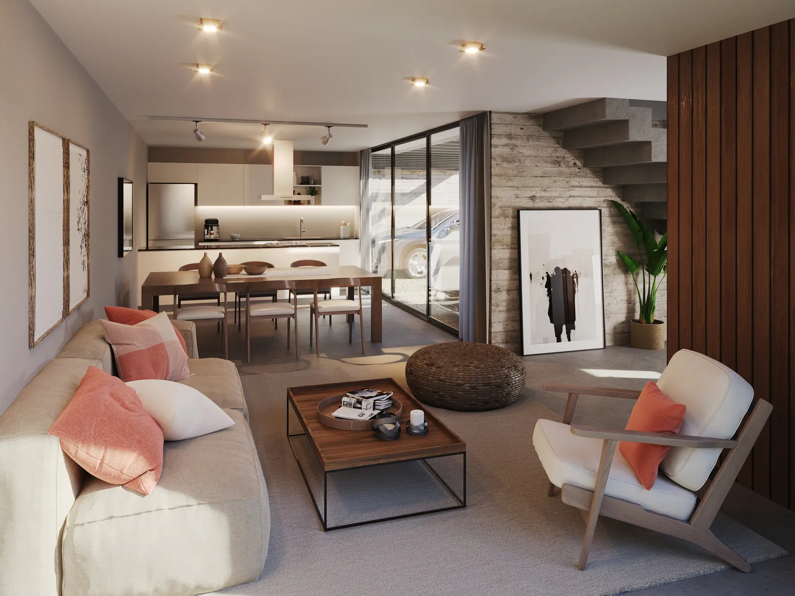 Interior: living, comedor y cocina integrada de un dúplex de Las Tipas